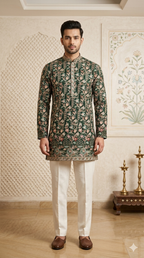 Emerald Green Silk Embroidered Short Kurta Set with Korean Pants | Men's Mehendi Outfit