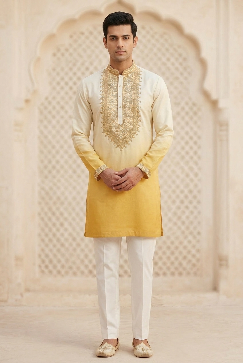 Yellow Silk Embroidered Short Kurta Set with Korean Pants | Men's Haldi Ceremony Outfit
