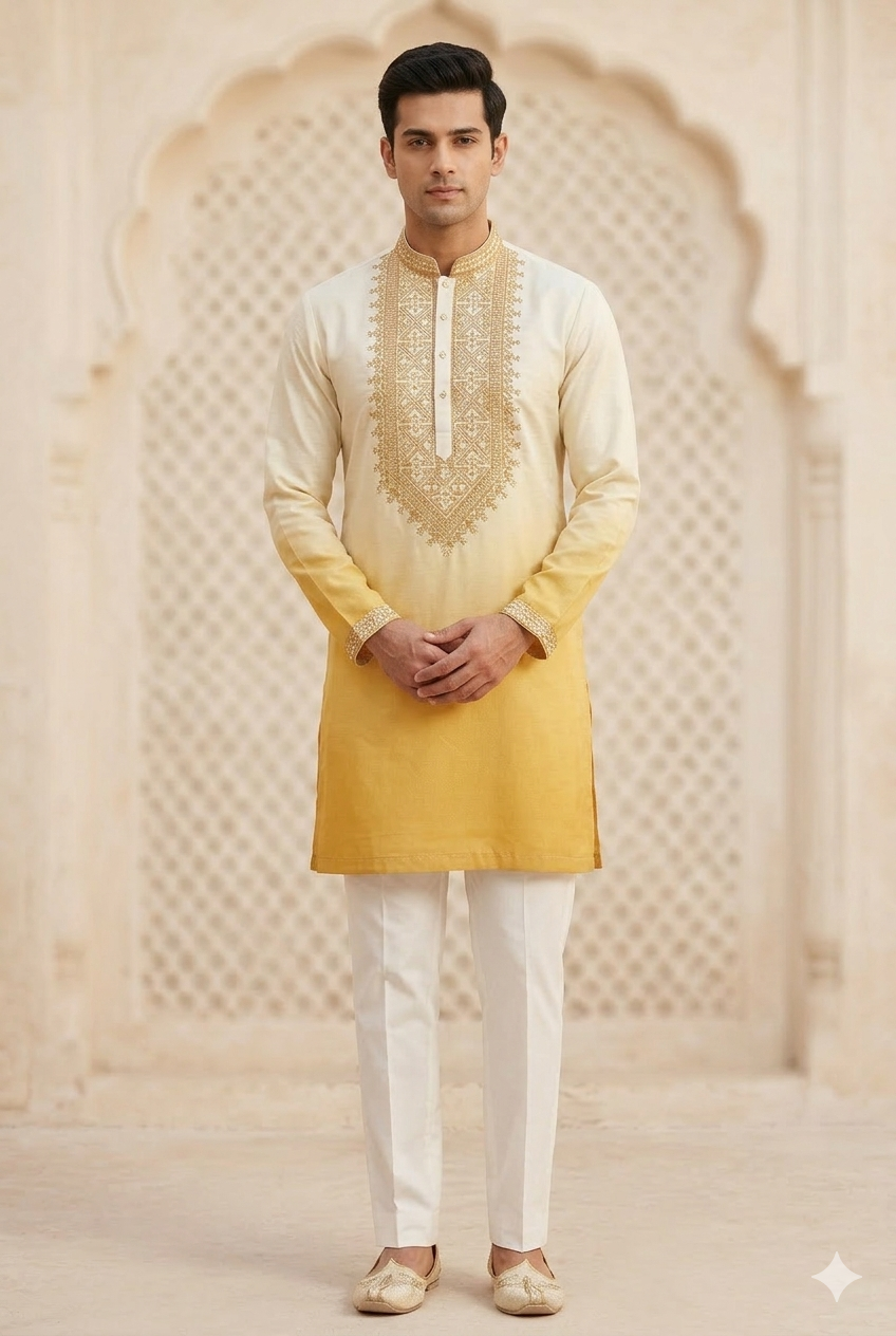 Yellow Silk Embroidered Short Kurta Set with Korean Pants | Men's Haldi Ceremony Outfit