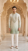 Forest Green Silk Embroidered Short Kurta Set with Korean Pants | Men's Groom Squad Ethnic Wear