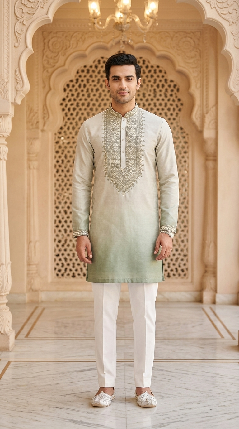 Forest Green Silk Embroidered Short Kurta Set with Korean Pants | Men's Groom Squad Ethnic Wear