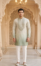 Forest Green Silk Embroidered Short Kurta Set with Korean Pants | Men's Groom Squad Ethnic Wear