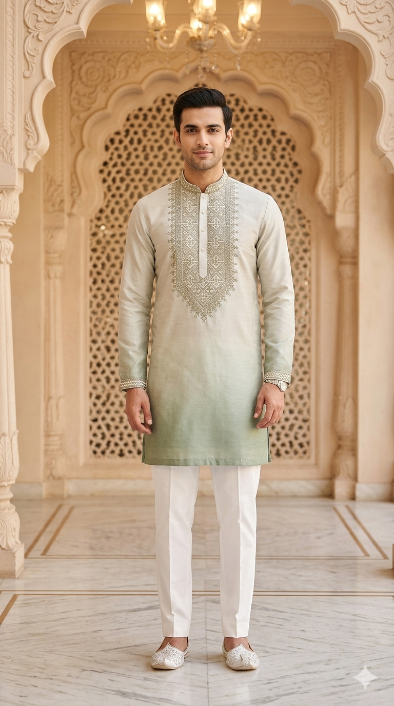 Forest Green Silk Embroidered Short Kurta Set with Korean Pants | Men's Groom Squad Ethnic Wear