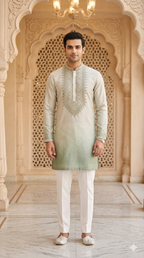 Forest Green Silk Embroidered Short Kurta Set with Korean Pants | Men's Groom Squad Ethnic Wear