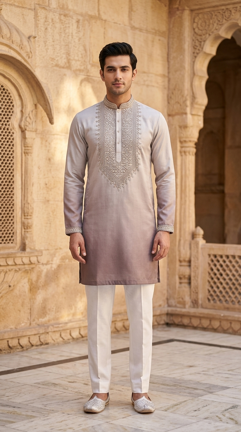 Lavender Silk Embroidered Short Kurta Set with Korean Pants | Men's Contemporary Ethnic Wear