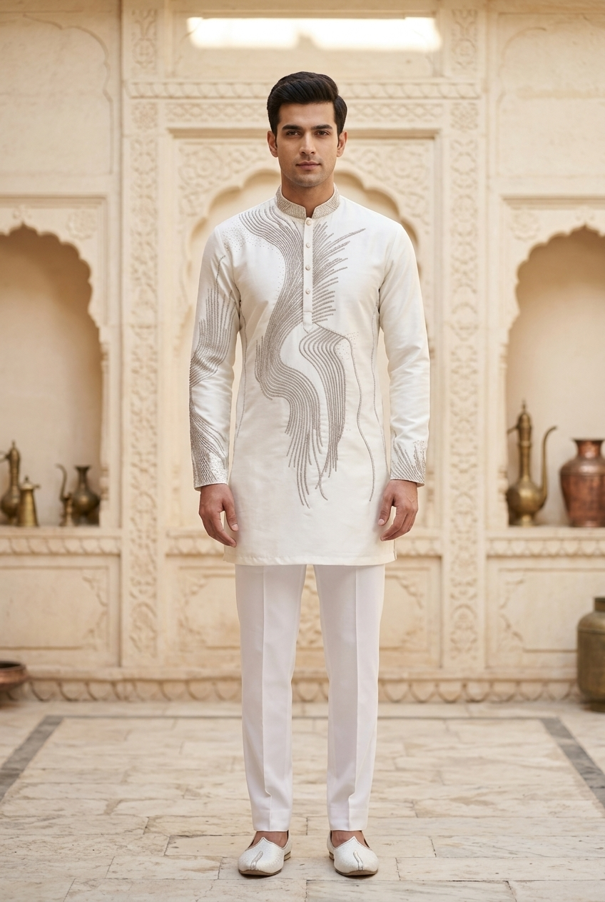 Antique Cream Silk Embroidered Short Kurta Set with Korean Pants | Father of the Groom Wedding Wear