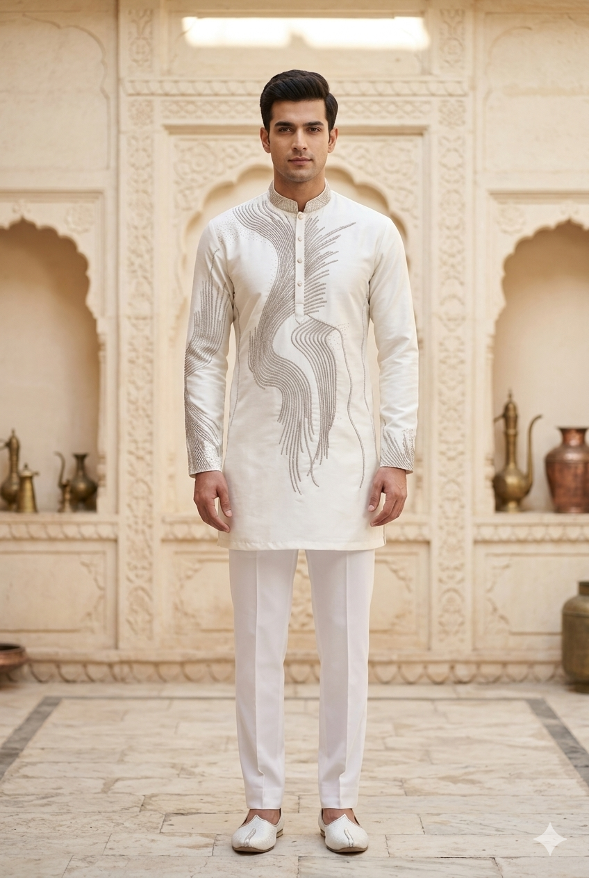 Antique Cream Silk Embroidered Short Kurta Set with Korean Pants | Father of the Groom Wedding Wear
