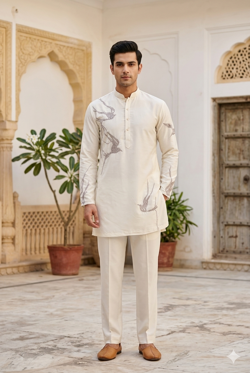 Ivory Cream Silk Embroidered Short Kurta Set with Korean Pants | Father's Wedding Ethnic Wear