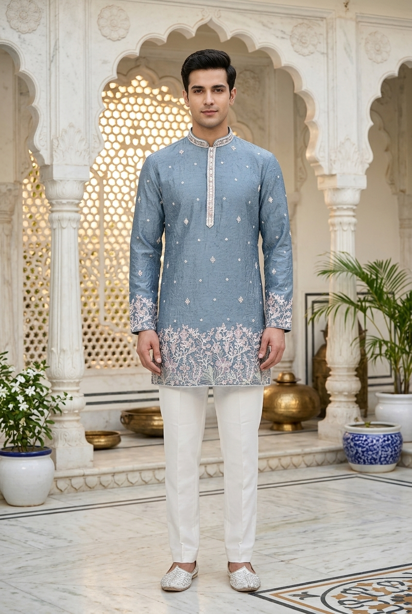 Sky Blue Silk Embroidered Short Kurta Set with Korean Pants | Men's Groom Squad Ethnic Wear