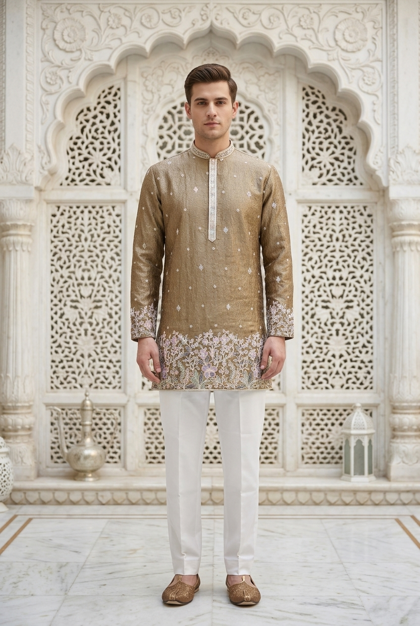 Coffee Brown Silk Embroidered Short Kurta Set with Korean Pants | Men's Earthy Groom Squad Wear
