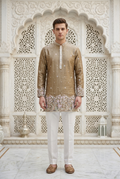 Coffee Brown Silk Embroidered Short Kurta Set with Korean Pants | Men's Earthy Groom Squad Wear