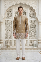 Coffee Brown Silk Embroidered Short Kurta Set with Korean Pants | Men's Earthy Groom Squad Wear