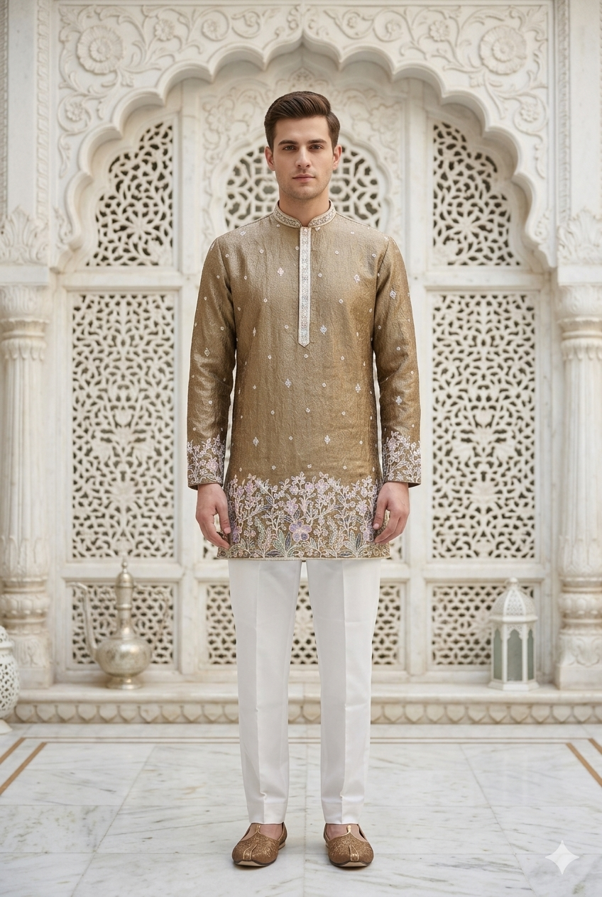 Coffee Brown Silk Embroidered Short Kurta Set with Korean Pants | Men's Earthy Groom Squad Wear
