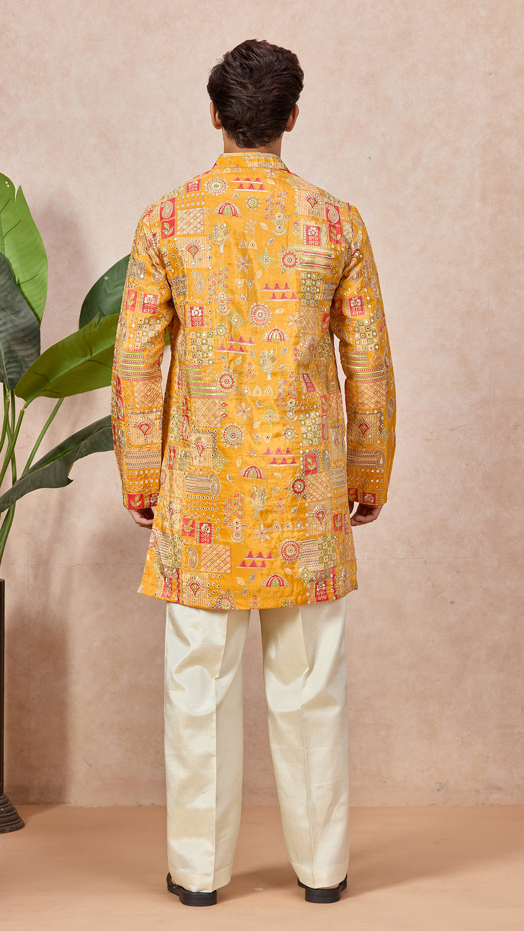 Gold V-Neck Short Kurta Set for Men with Korean Pants