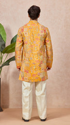 Gold V-Neck Short Kurta Set for Men with Korean Pants