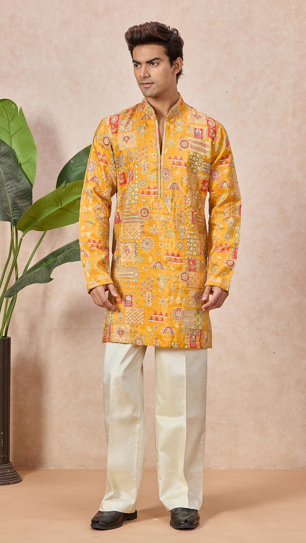 Gold V-Neck Short Kurta Set for Men with Korean Pants