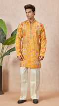 Gold V-Neck Short Kurta Set for Men with Korean Pants