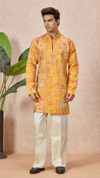 Gold V-Neck Short Kurta Set for Men with Korean Pants