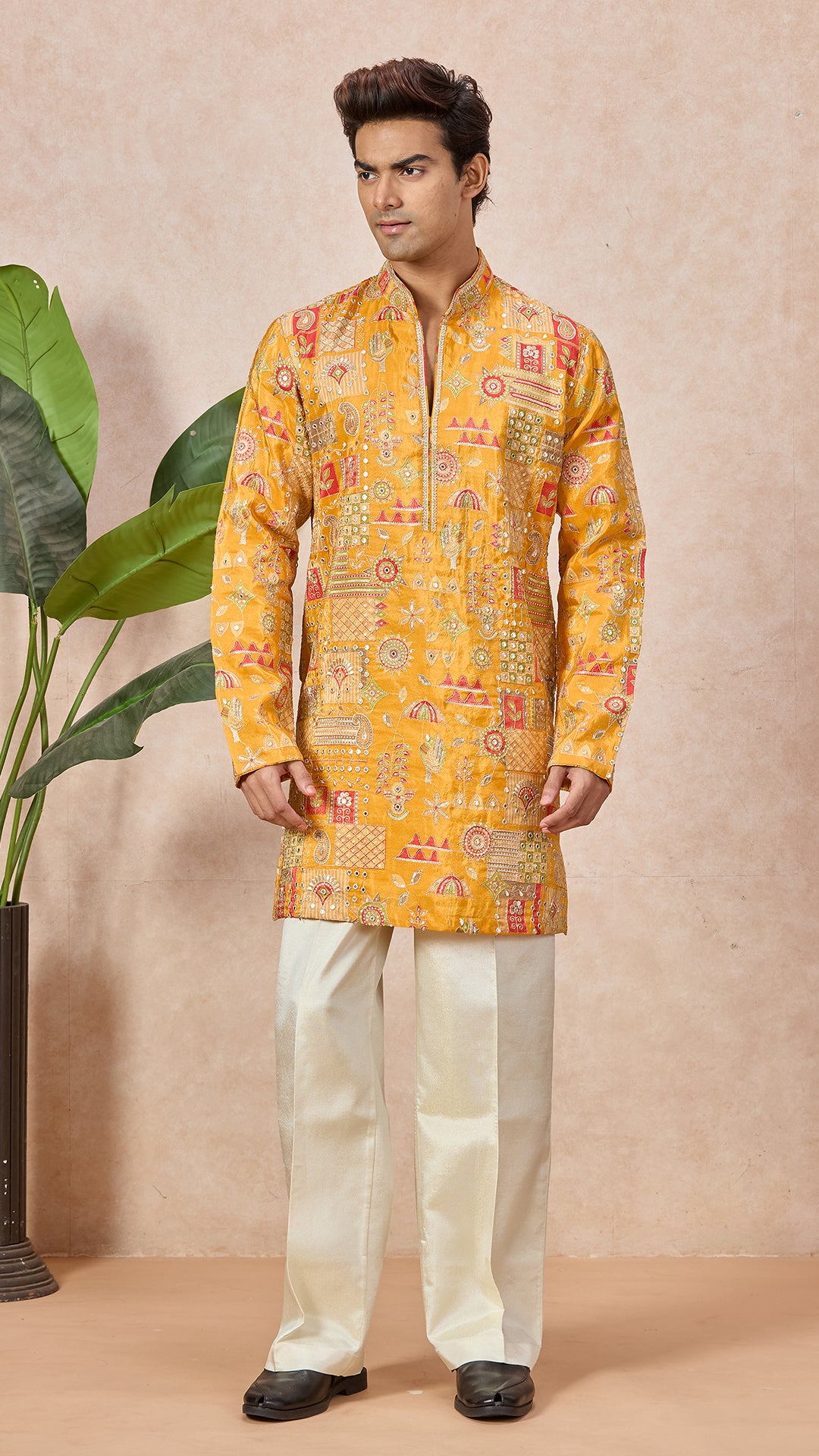 Gold V-Neck Short Kurta Set for Men with Korean Pants