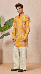 Gold V-Neck Short Kurta Set for Men with Korean Pants