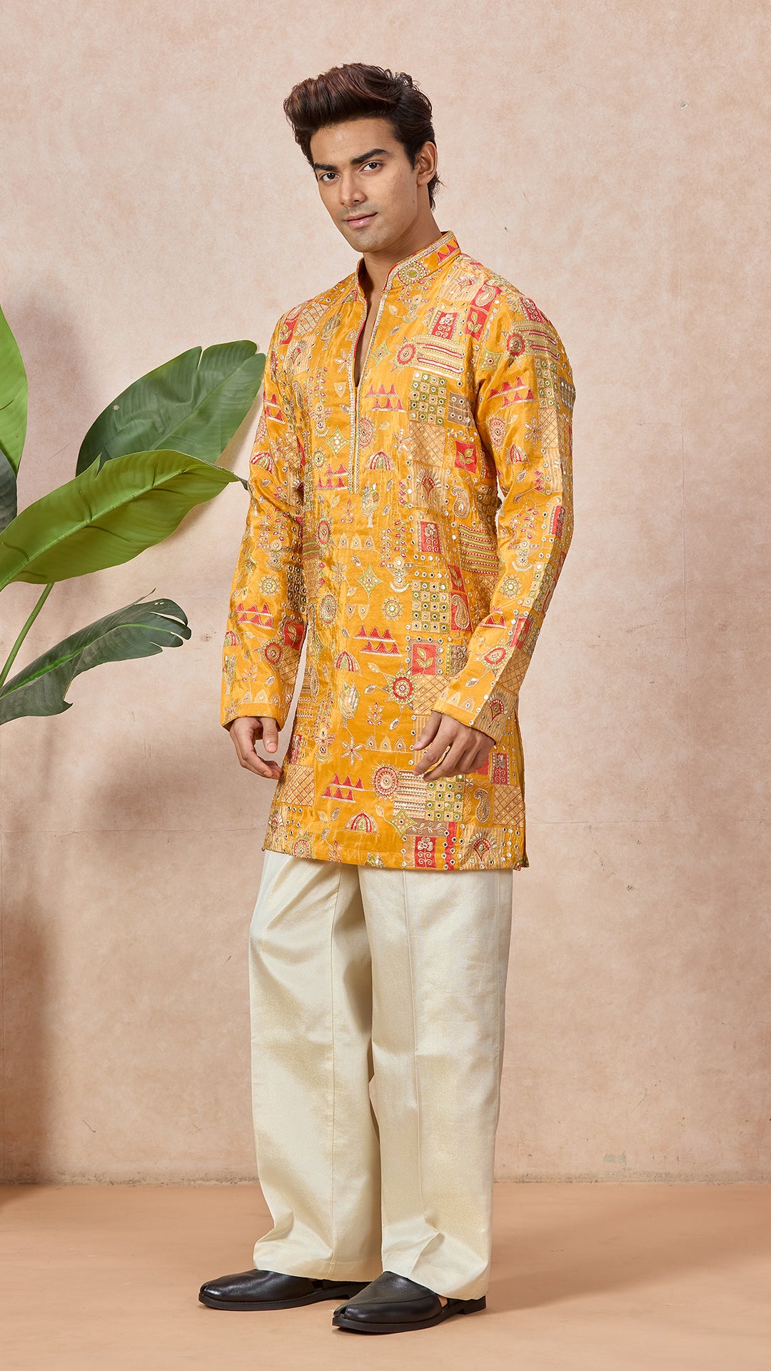 Gold V-Neck Short Kurta Set for Men with Korean Pants
