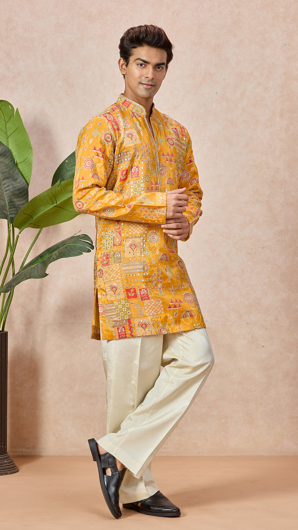 Gold V-Neck Short Kurta Set for Men with Korean Pants
