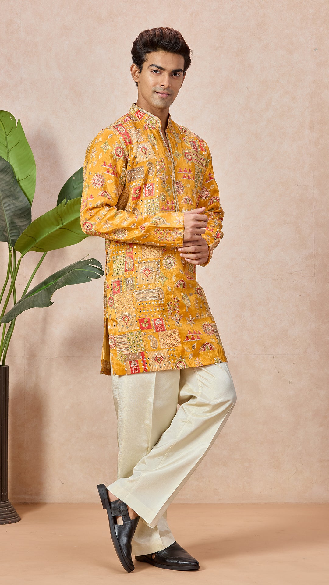 Gold V-Neck Short Kurta Set for Men with Korean Pants