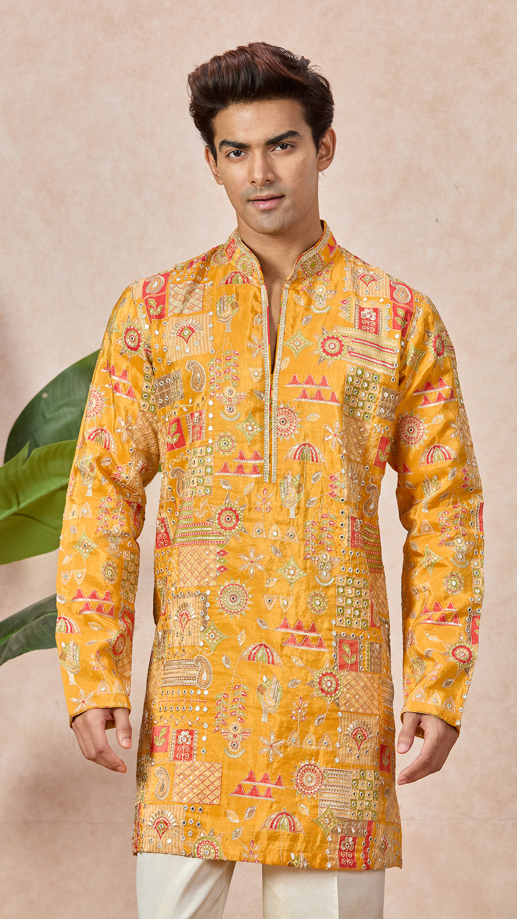 Gold V-Neck Short Kurta Set for Men with Korean Pants