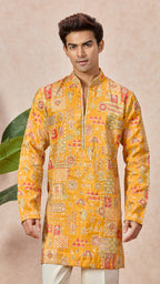 Gold V-Neck Short Kurta Set for Men with Korean Pants