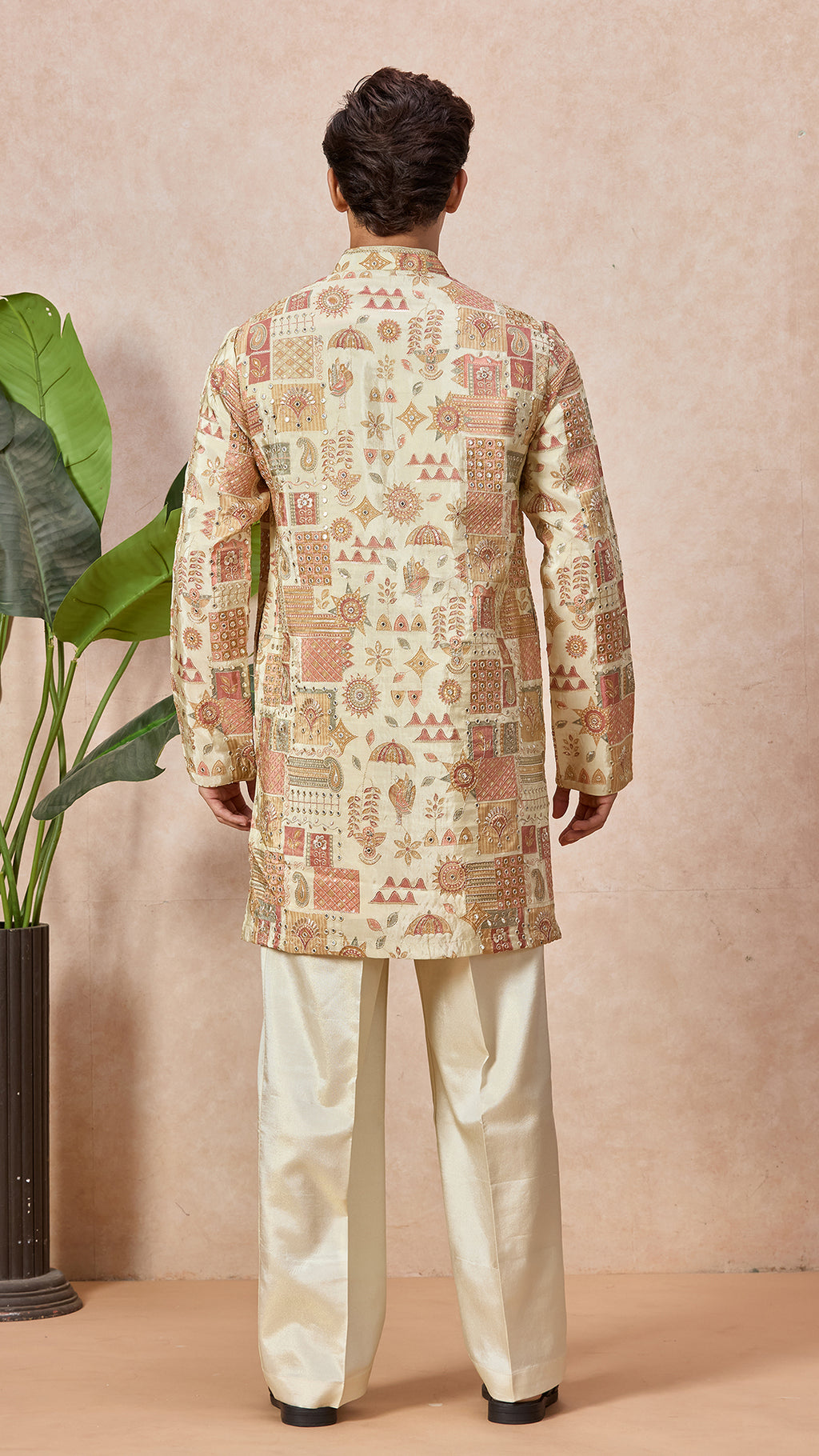 Beige V-Neck Short Kurta Set for Men with Korean Pants