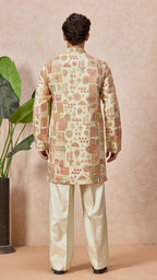 Beige V-Neck Short Kurta Set for Men with Korean Pants