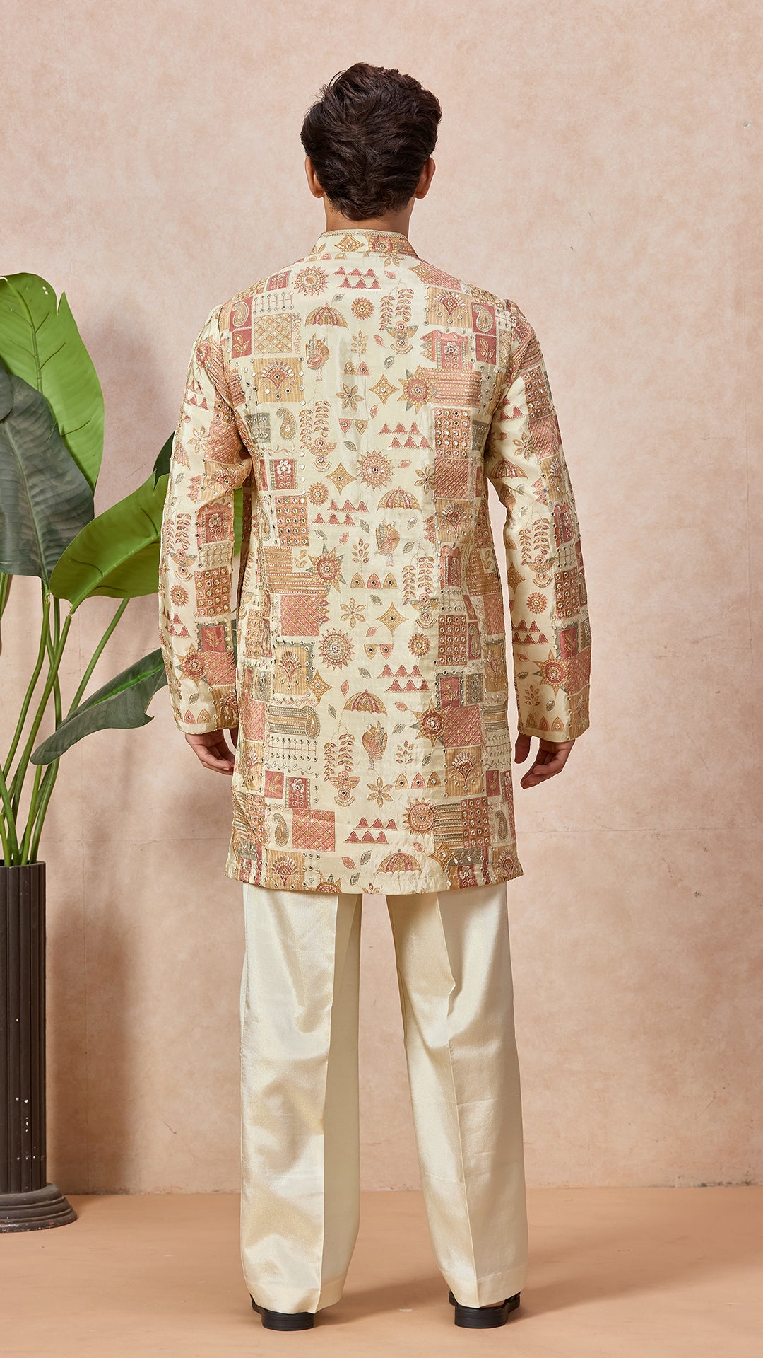 Beige V-Neck Short Kurta Set for Men with Korean Pants