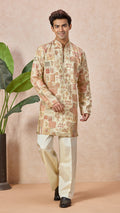 Beige V-Neck Short Kurta Set for Men with Korean Pants