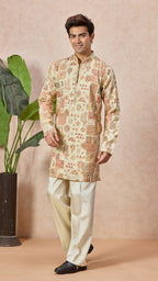 Beige V-Neck Short Kurta Set for Men with Korean Pants