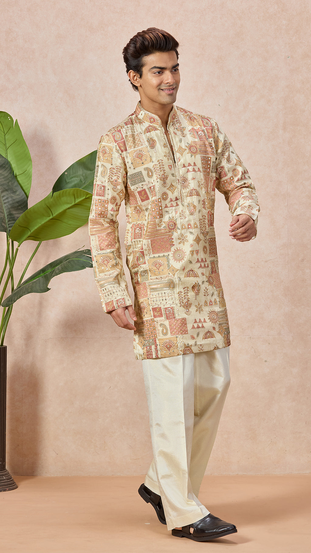 Beige V-Neck Short Kurta Set for Men with Korean Pants