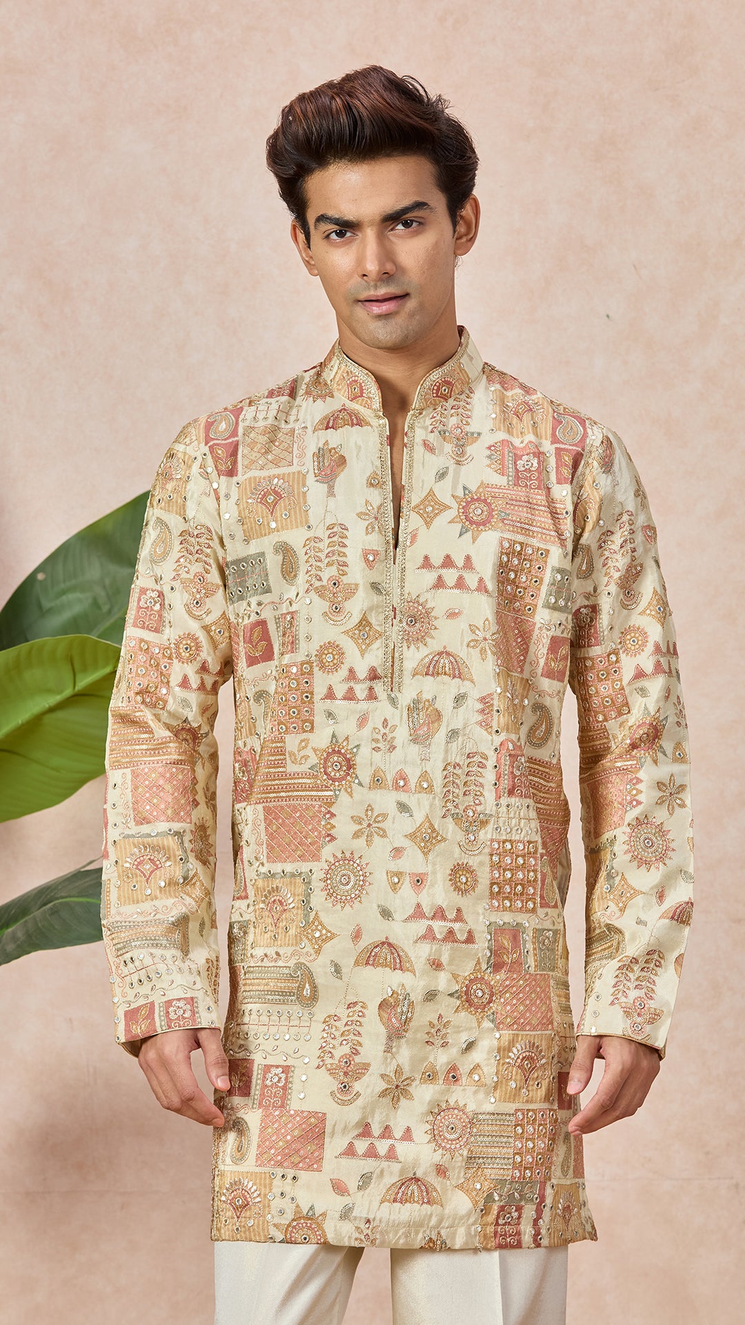 Beige V-Neck Short Kurta Set for Men with Korean Pants