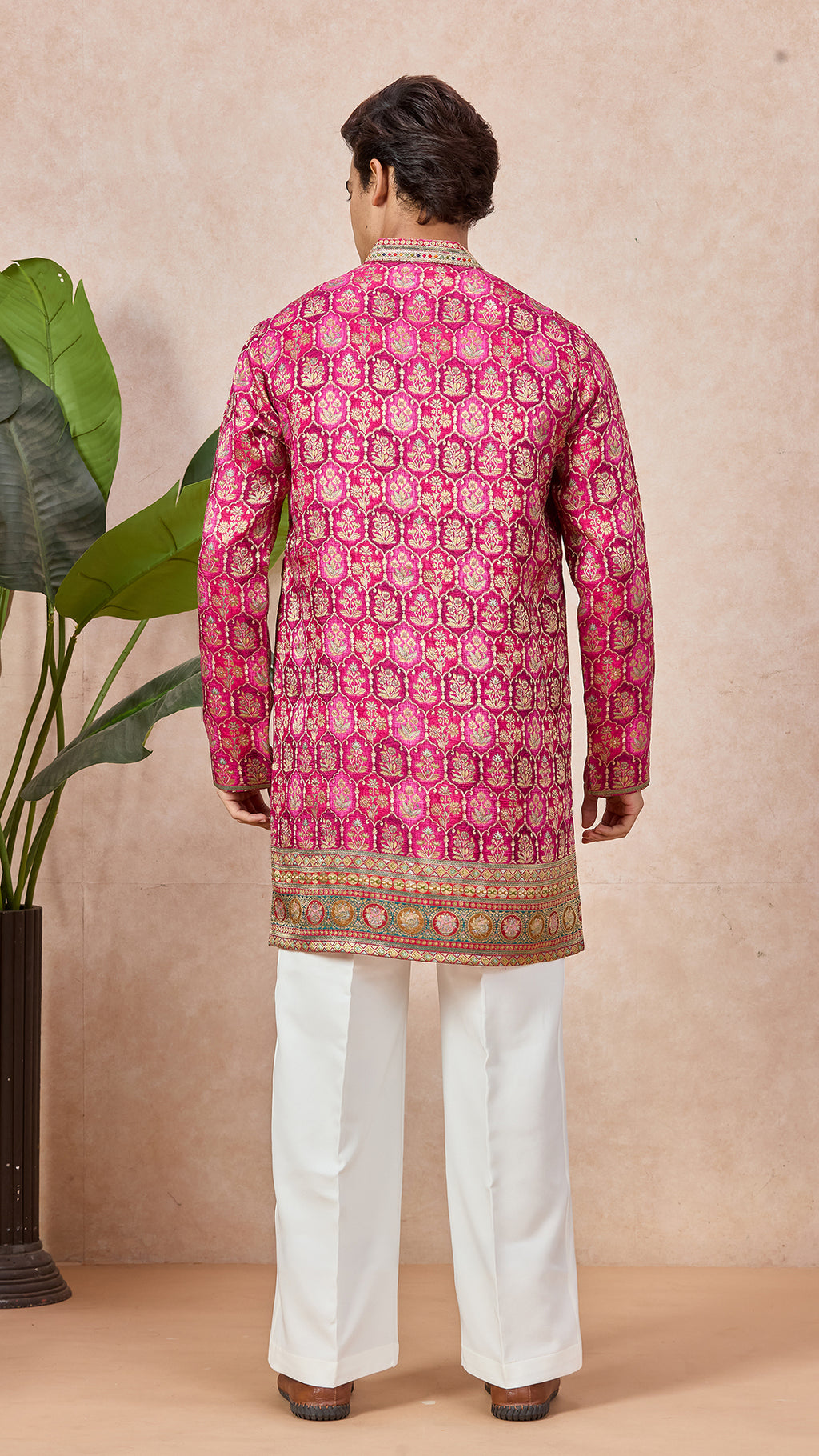 Ranee Pink V-Neck Short Kurta Set for Men with Korean Pants