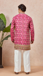 Ranee Pink V-Neck Short Kurta Set for Men with Korean Pants