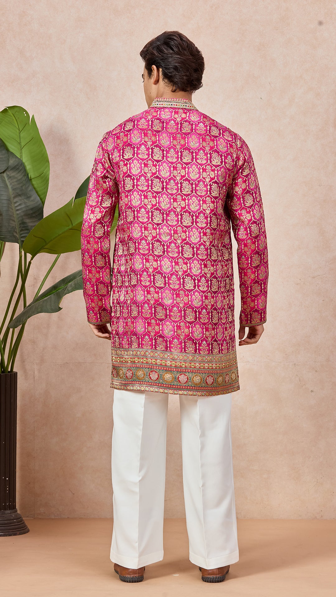 Ranee Pink V-Neck Short Kurta Set for Men with Korean Pants