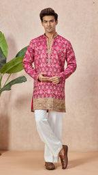 Ranee Pink V-Neck Short Kurta Set for Men with Korean Pants