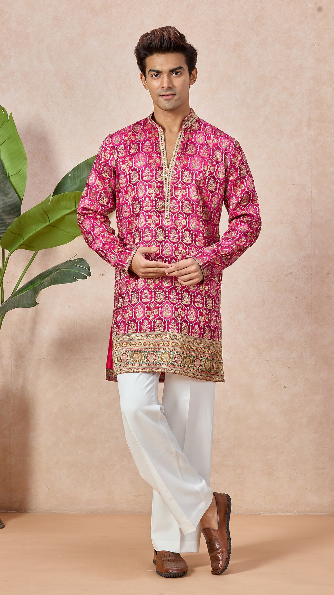 Ranee Pink V-Neck Short Kurta Set for Men with Korean Pants