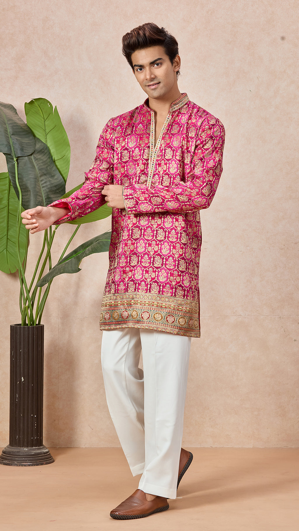 Ranee Pink V-Neck Short Kurta Set for Men with Korean Pants