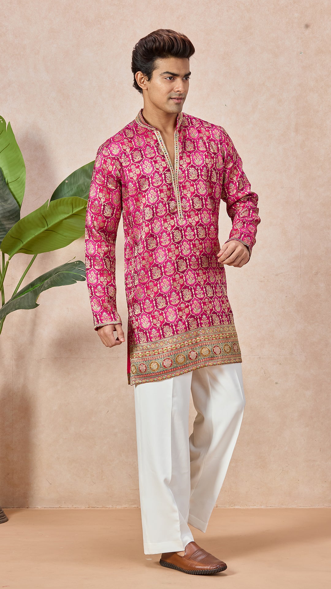 Ranee Pink V-Neck Short Kurta Set for Men with Korean Pants