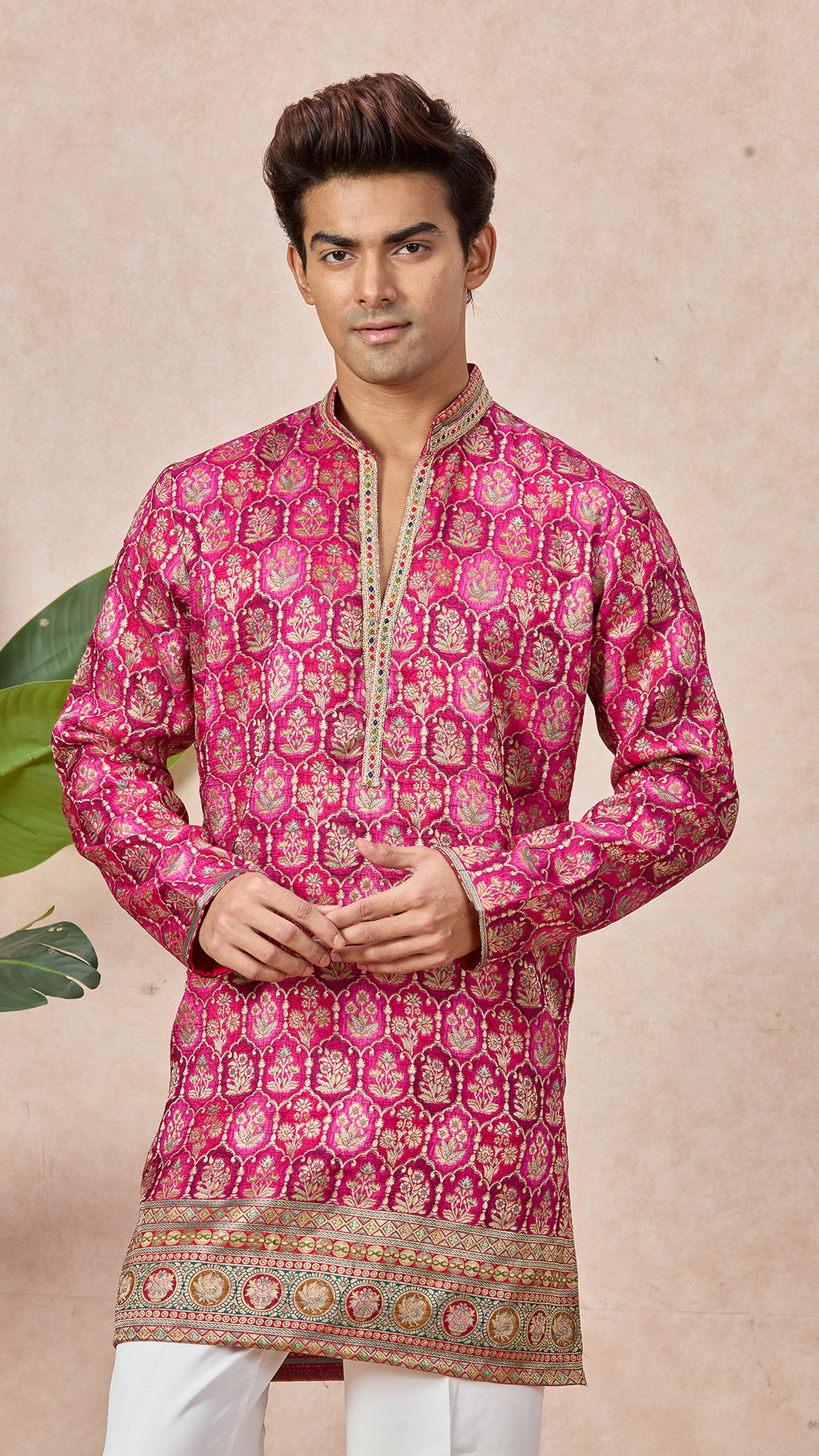Ranee Pink V-Neck Short Kurta Set for Men with Korean Pants
