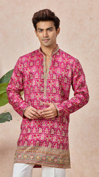 Ranee Pink V-Neck Short Kurta Set for Men with Korean Pants