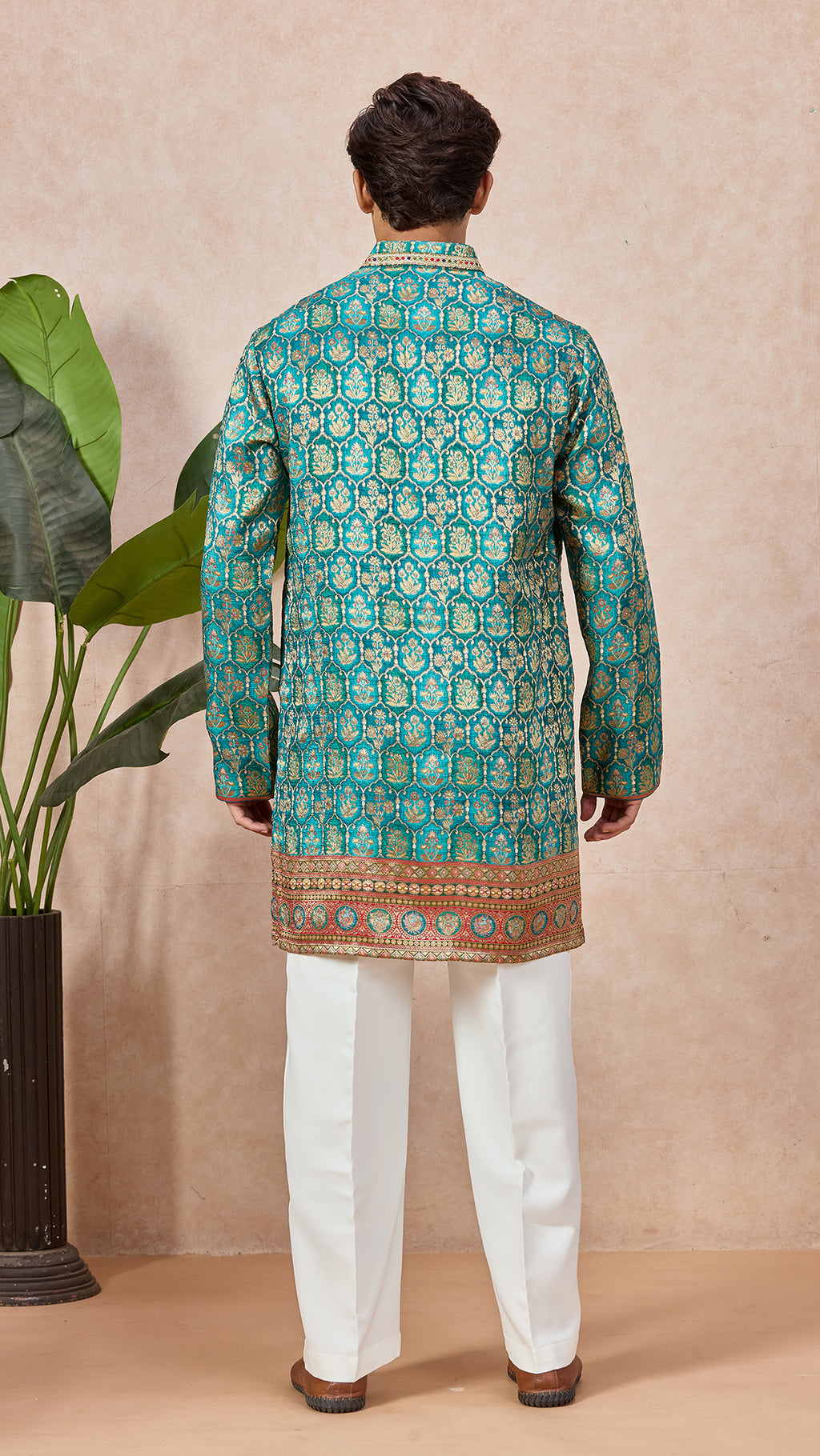 Aqua Blue V-Neck Short Kurta Set for Men with Korean Pants