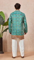Aqua Blue V-Neck Short Kurta Set for Men with Korean Pants