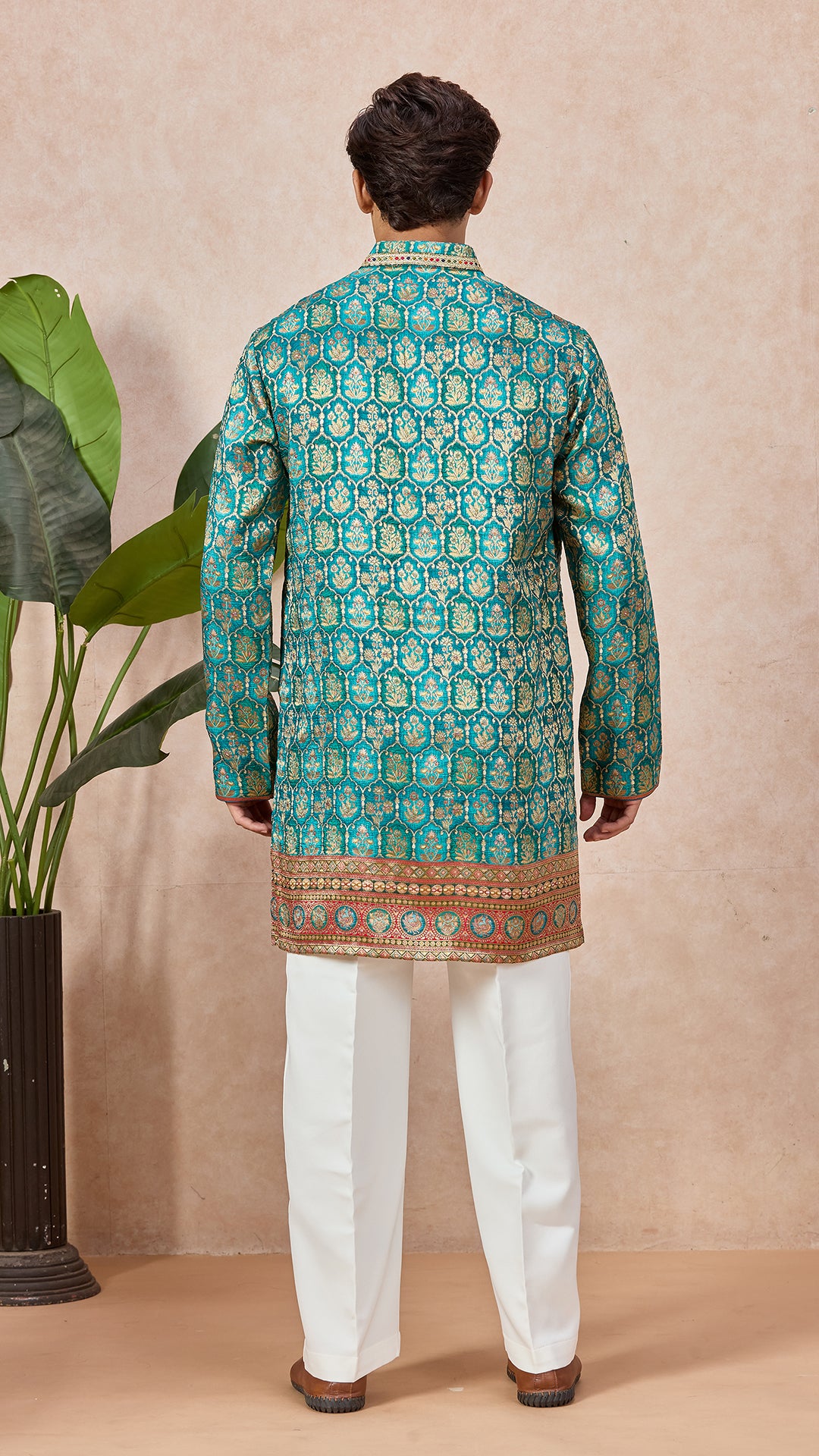 Aqua Blue V-Neck Short Kurta Set for Men with Korean Pants