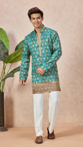 Aqua Blue V-Neck Short Kurta Set for Men with Korean Pants