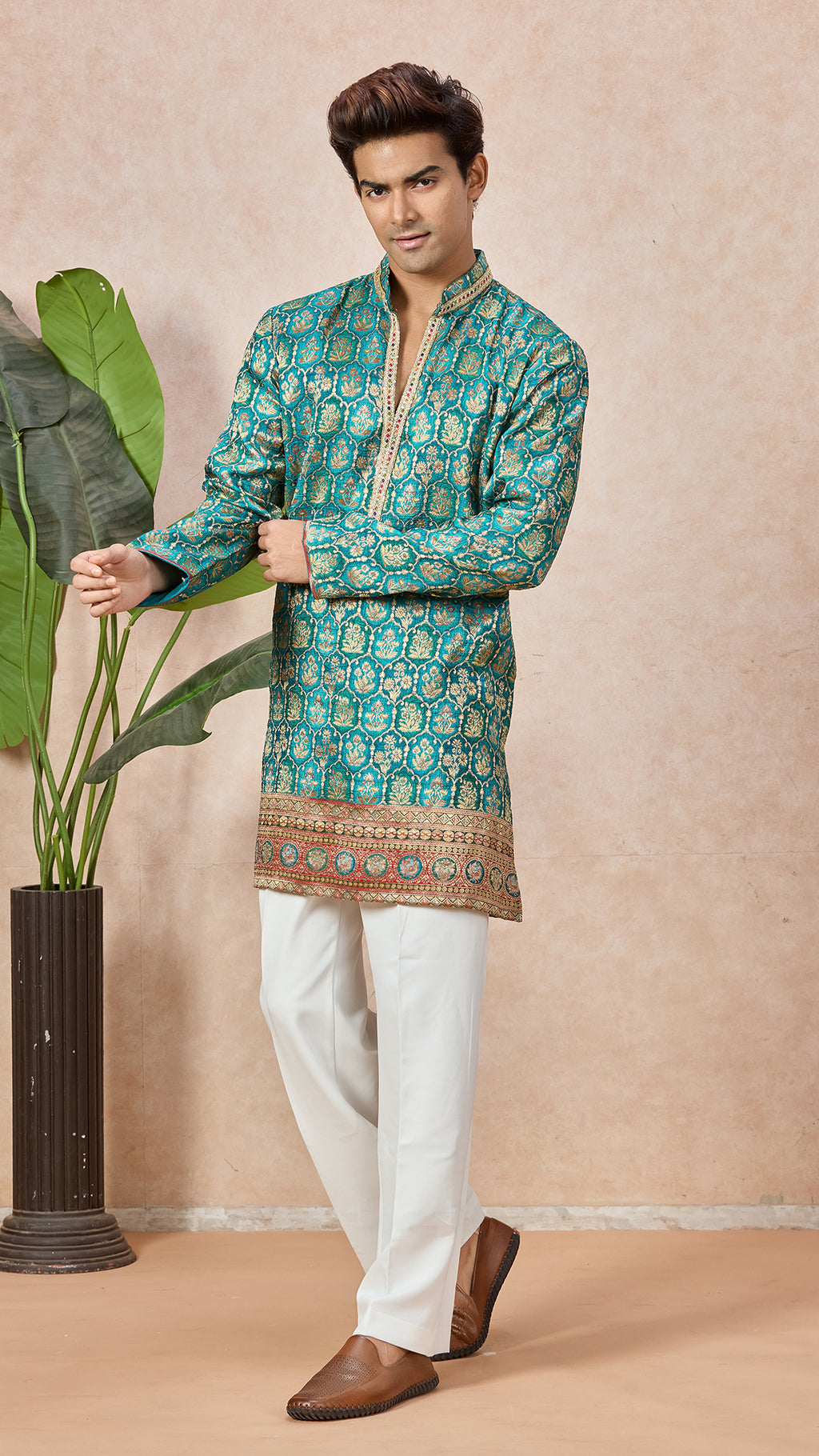 Aqua Blue V-Neck Short Kurta Set for Men with Korean Pants